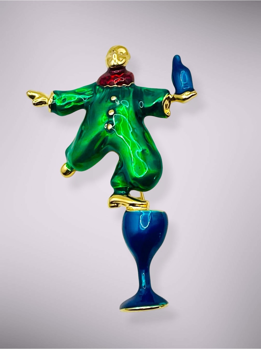 Vintage Enamel Pierrot Clown Champagne Glass Figural Brooch Pin Whimsical Retro